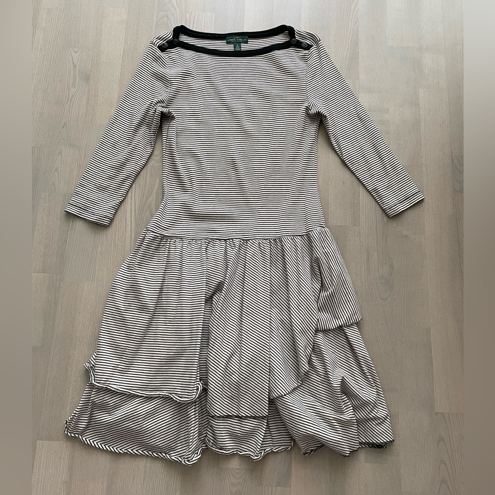 Ralph Lauren Boatneck Nautical Striped Style Jersey Dress w/ Asymmetrical Ruffle